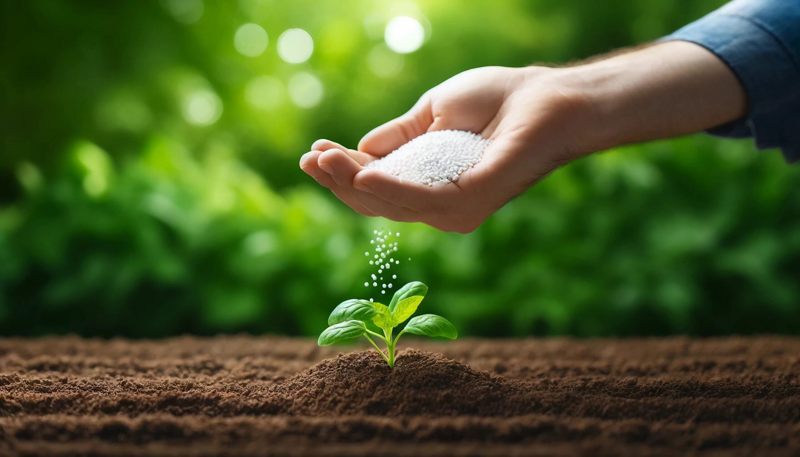 Foto de uma mão aplicando o adubo em uma folha de planta.